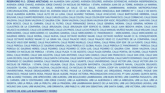 SUSPENSIÓN TEMPORAL DEL SERVICIO DE AGUA POTABLE, POR DESINFECCIÓN Y LIMPIEZA DE RESERVORIOS