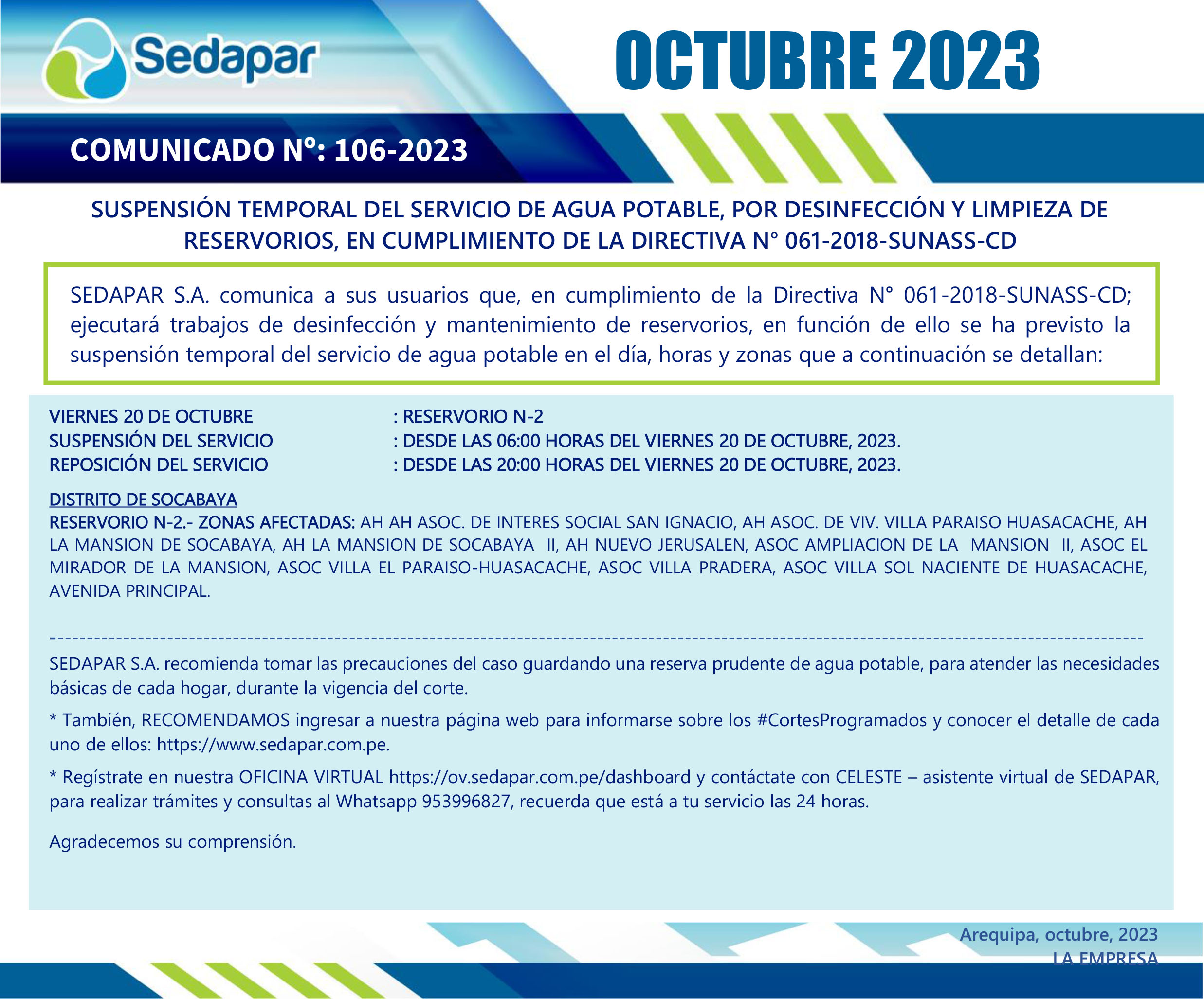COMUNICADO N°106-2023 - VIERNES 20 SUSPENSIÓN TEMPORAL DEL SERVICIO DE AGUA POTABLE, POR DESINFECCIÓN Y LIMPIEZA DE RESERVORIOS, EN CUMPLIMIENTO DE LA DIRECTIVA N° 061-2018-SUNASS-CD