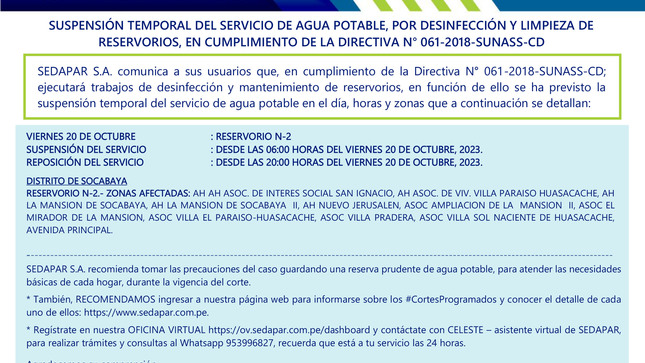 COMUNICADO N°106-2023 - VIERNES 20  SUSPENSIÓN TEMPORAL DEL SERVICIO DE AGUA POTABLE, POR DESINFECCIÓN Y LIMPIEZA DE RESERVORIOS, EN CUMPLIMIENTO DE LA DIRECTIVA N° 061-2018-SUNASS-CD