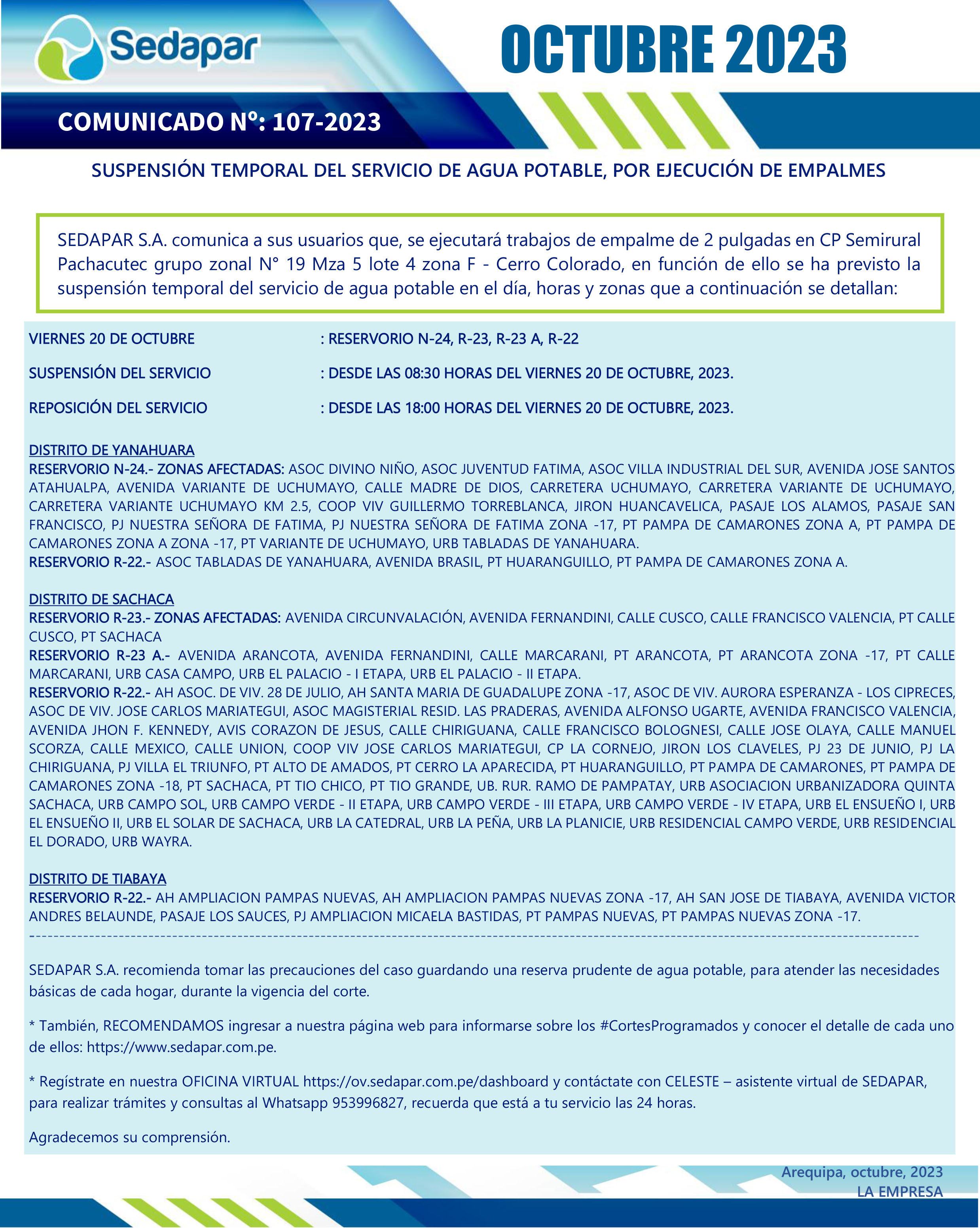 COMUNICADO N°107-2023 - SUSPENSIÓN TEMPORAL DEL SERVICIO DE AGUA POTABLE, POR EJECUCIÓN DE EMPALMES