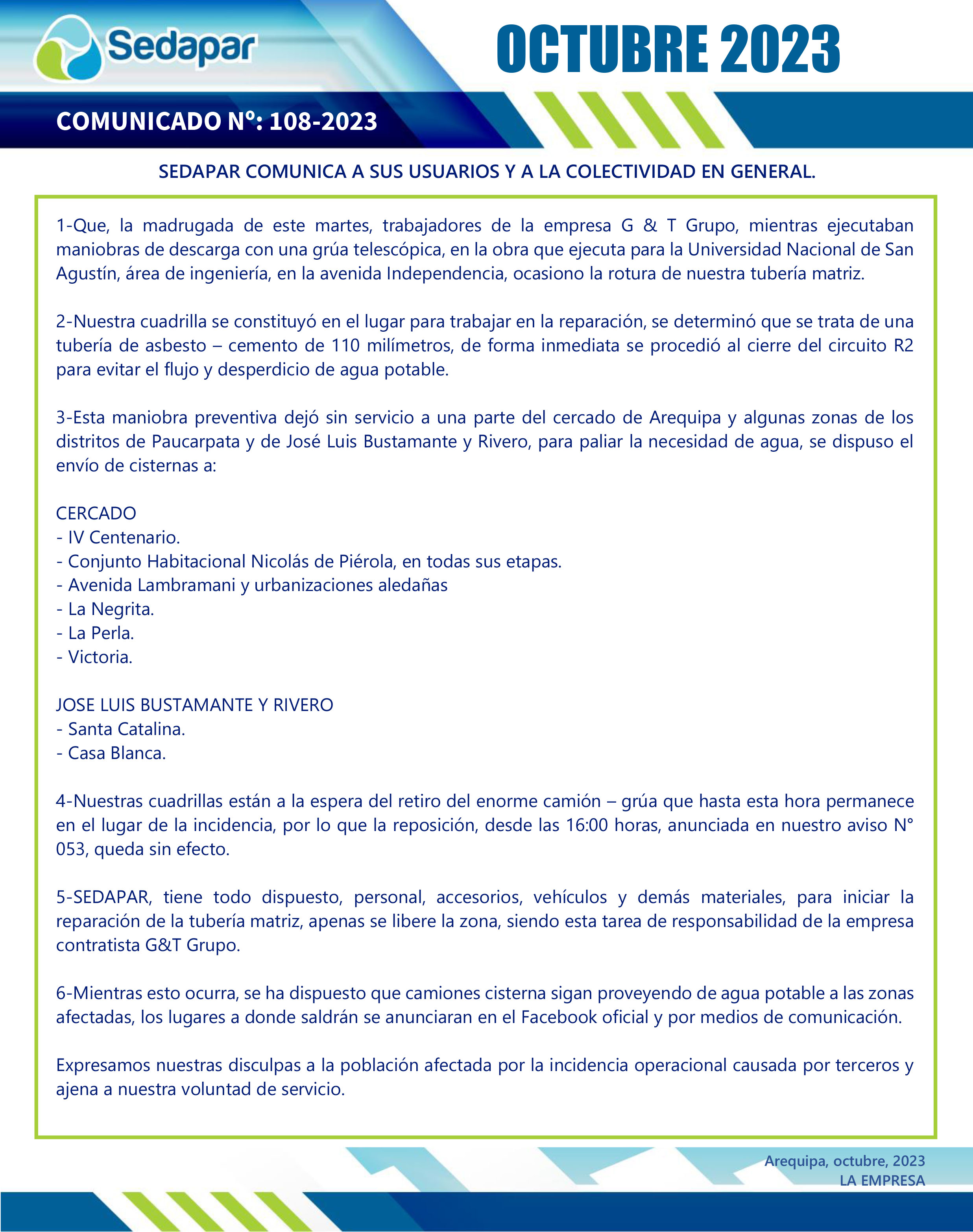 COMUNICADO N°108-2023 - SEDAPAR COMUNICA A SUS USUARIOS Y A LA COLECTIVIDAD EN GENERAL