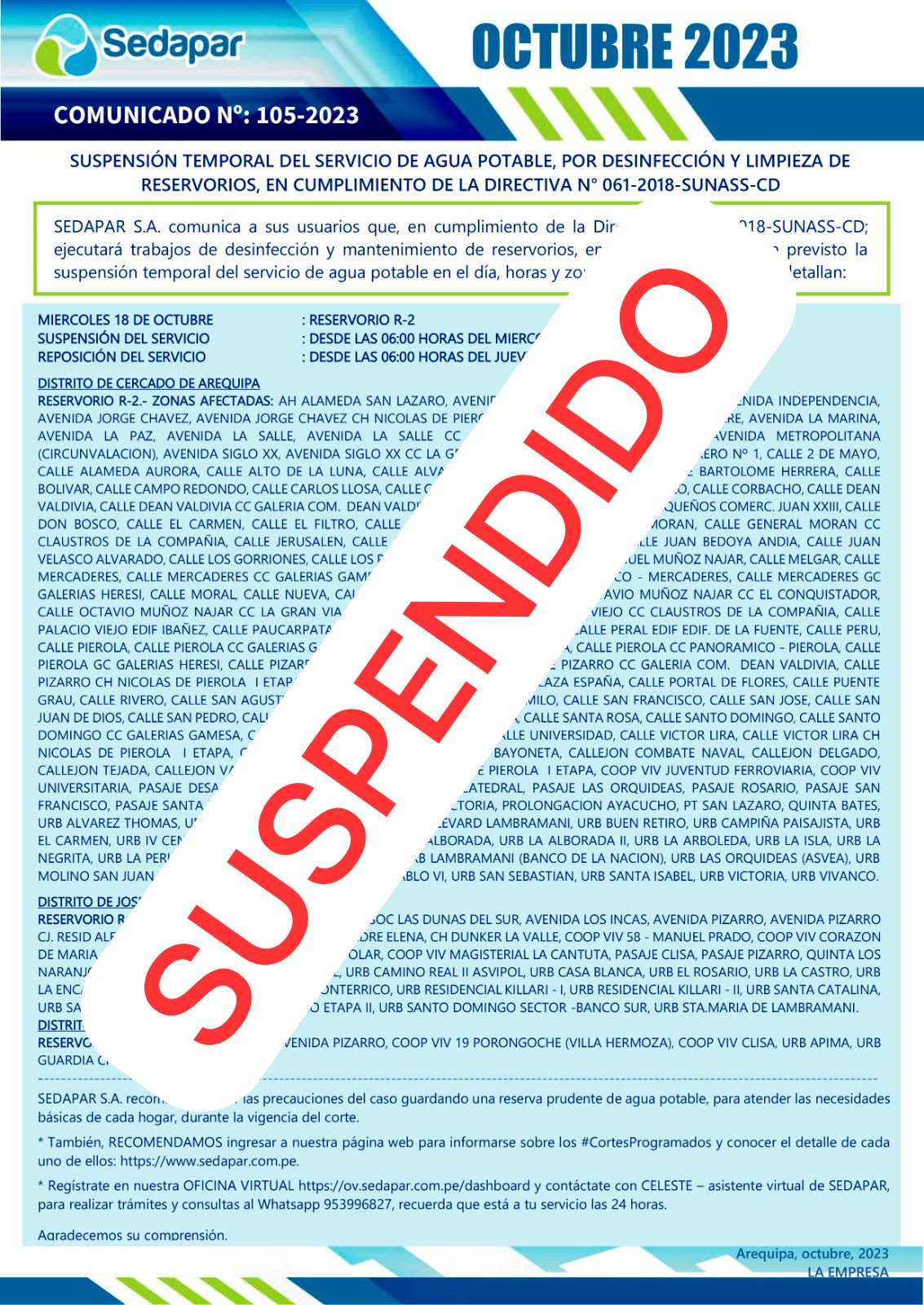 Suspensión de COMUNICADO N°105-2023