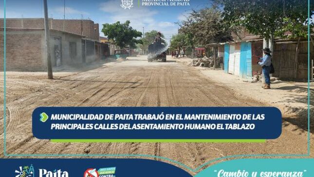 Municipalidad de Paita trabajó en el mantenimiento de las principales calles del asentamiento humano El Tablazo