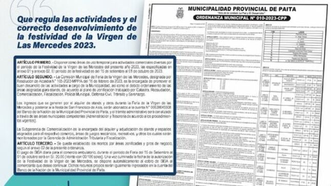Municipalidad pone de conocimiento ordenanza municipal N° 10-2023-CPP