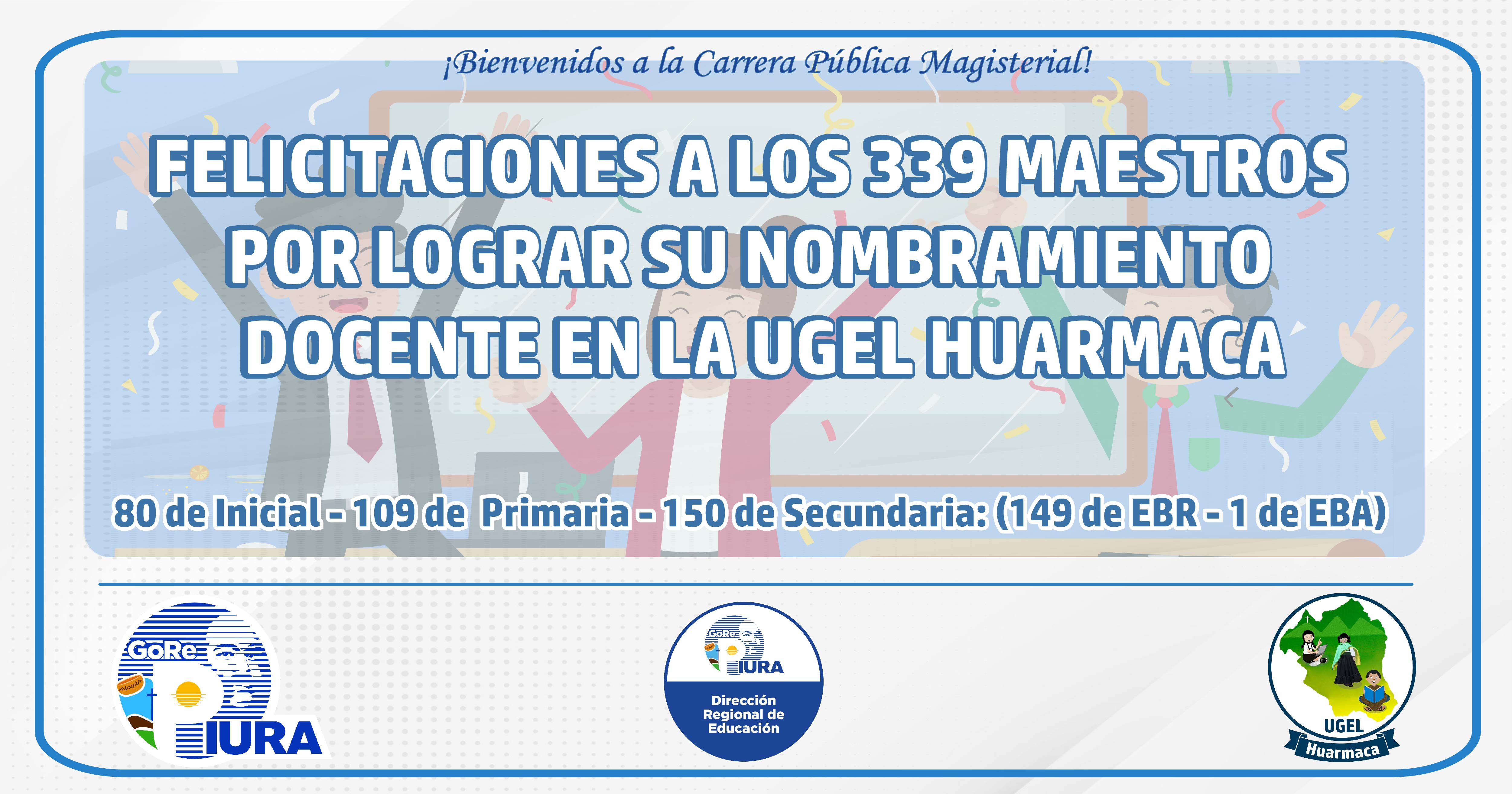 De manera oficial y de acuerdo a la lista publicada por el Ministerio de Educación, finalmente se conoció los nombres y la cantidad de maestros que ocuparon una plaza vacante para poder nombrarse en las diferentes instituciones educativas que pertenecen a la UGEL Huarmaca.
Se sabe que en el nivel inicial se han nombrado 109 docentes, 80 en el nivel primaria y en secundaria son un total de 150 plazas de estas últimas: 149 son de Educación Básica Regular y una plaza de Educación Básica Alternativa.
Al respecto, el director de la UGEL Huarmaca expresó la bienvenida a la Carrera Pública Magisterial a los 339 profesores que, como mérito a su esfuerzo y dedicación, han logrado nombrarse: “Nos da gusto tener a más colegas nombrados y sabemos que gracias a su dedicación seguiremos mejorando la educación de nuestro distrito de Huarmaca”.