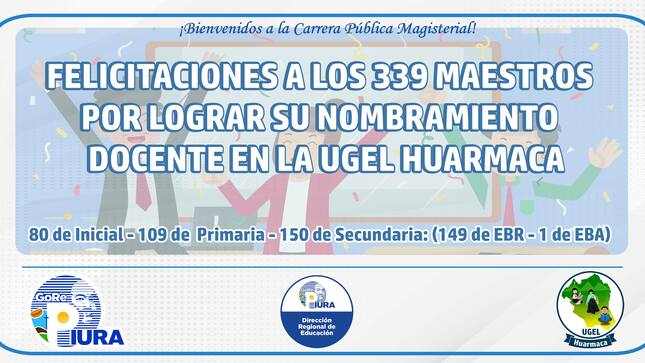 De manera oficial y de acuerdo a la lista publicada por el Ministerio de Educación, finalmente se conoció los nombres y la cantidad de maestros que ocuparon una plaza vacante para poder nombrarse en las diferentes instituciones educativas que pertenecen a la UGEL Huarmaca.

Se sabe que en el nivel inicial se han nombrado 109 docentes, 80 en el nivel primaria y en secundaria son un total de 150 plazas de estas últimas: 149 son de Educación Básica Regular y una plaza de Educación Básica Alternativa.

Al respecto, el director de la UGEL Huarmaca expresó la bienvenida a la Carrera Pública Magisterial a los 339 profesores que, como mérito a su esfuerzo y dedicación, han logrado nombrarse: “Nos da gusto tener a más colegas nombrados y sabemos que gracias a su dedicación seguiremos mejorando la educación de nuestro distrito de Huarmaca”.