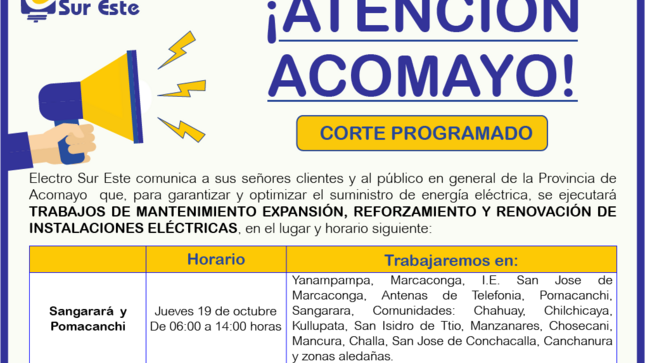 ¡ATENCIÓN ACOMAYO! CORTE PROGRAMADO
