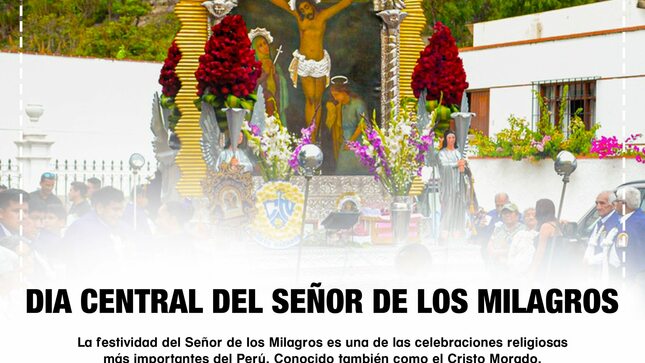 La festividad del Señor de los Milagros es una de las celebraciones religiosas más importantes del Perú.  Conocido también como el Cristo Morado.
Su historia se remonta hacia la época de la Colonia, cuando el virreinato del Perú era administrado por el virrey García Sarmiento de Sotomayor, conde de Salvatierra. Corría el año 1651 y un esclavo angoleño, de nombre Pedro Falcón, uso una de las paredes de un viejo galpón en Pachacamilla para plasmar la imagen de Cristo crucificado.
