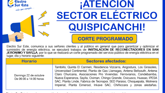 ¡ATENCIÓN SECTROR ELÉCTRICO QUISPICANCHI! CORTE PROGRAMADO