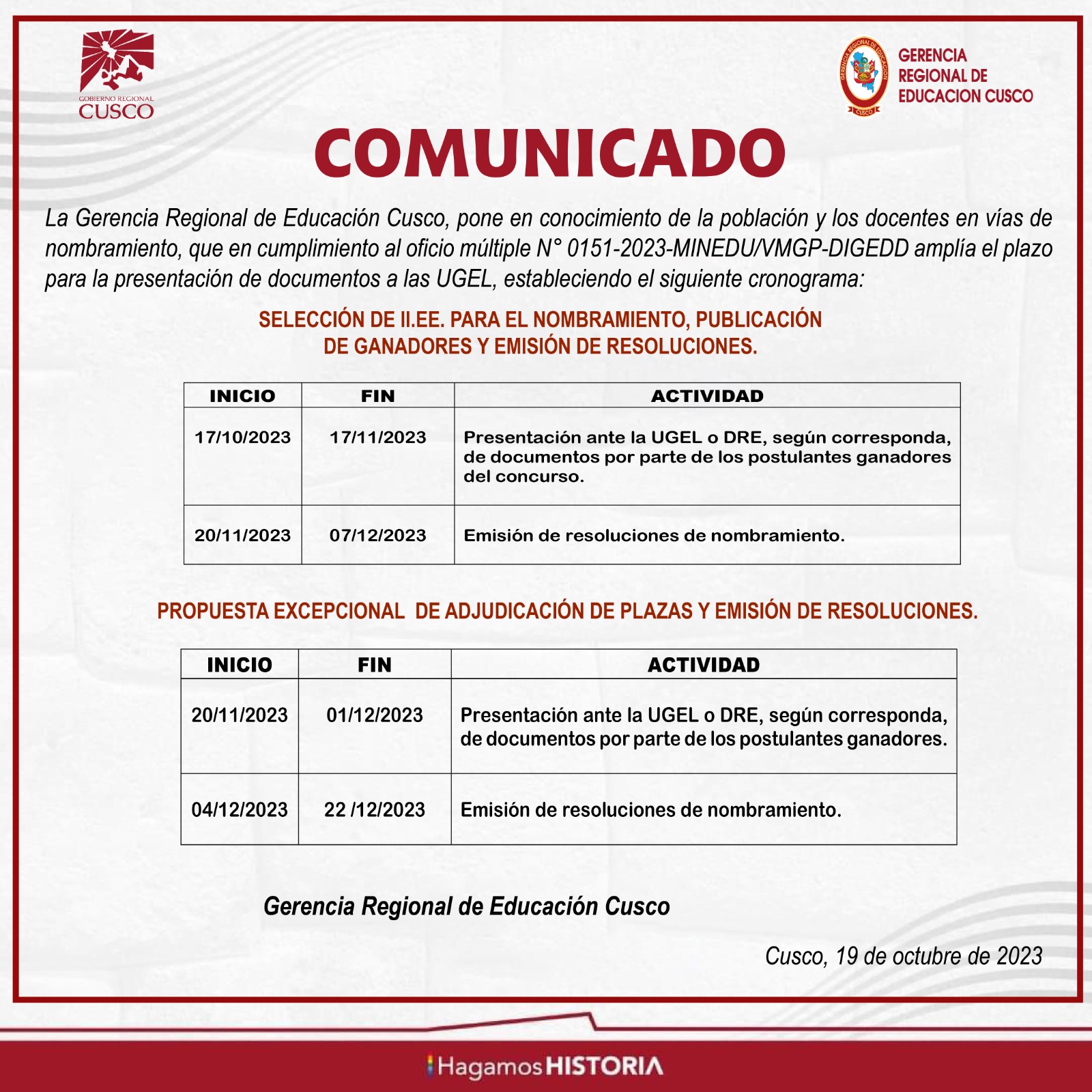 Pone en conocimiento de la población y los docentes en vías de nombramientos, amplia el plazo para la presentación de documentos a las UGEL