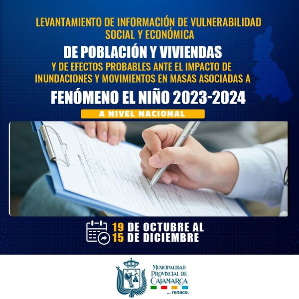 185 encuestadores del CENEPRED iniciarán un trabajo de campo para obtener información sobre la situación de la población y sus viviendas en zonas de muy alto y alto riesgo. Todos los cajamarquinos colaboremos para que ellos puedan cumplir con el objetivo.
¡Apóyanos informando a la población sobre el trabajo que realizarán!