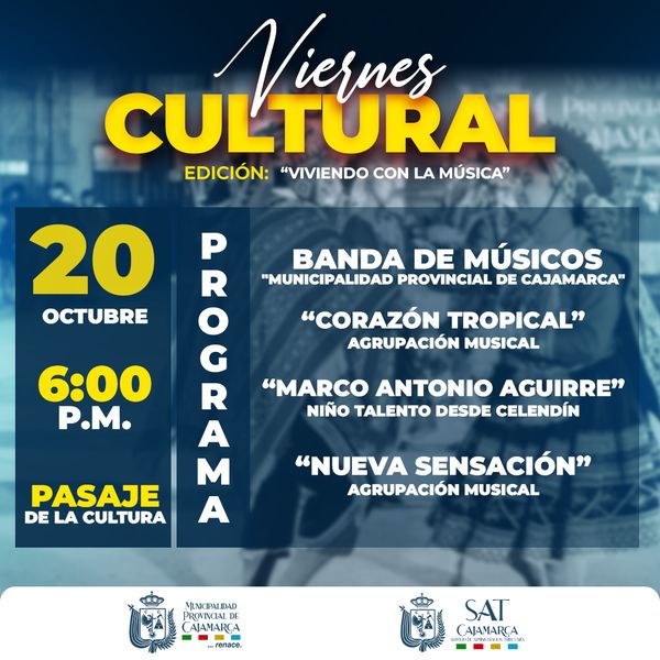 Este viernes regresamos con mucha música 🎼
¡Ven y disfruta de nuestro Viernes Cultural!
📍Pasaje de la Cultura
📅 Viernes 20 de octubre
🕧 6:00 p. m.
⚠️Recuerda: Si quieres formar parte de los viernes culturales, acércate a la oficina de comunicaciones en el complejo Qhapaq Ñan.