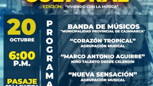 Este viernes regresamos con mucha música 🎼
¡Ven y disfruta de nuestro Viernes Cultural! 
📍Pasaje de la Cultura
📅 Viernes 20 de octubre
🕧 6:00 p. m. 
⚠️Recuerda: Si quieres formar parte de los viernes culturales, acércate a la oficina de comunicaciones en el complejo Qhapaq Ñan.