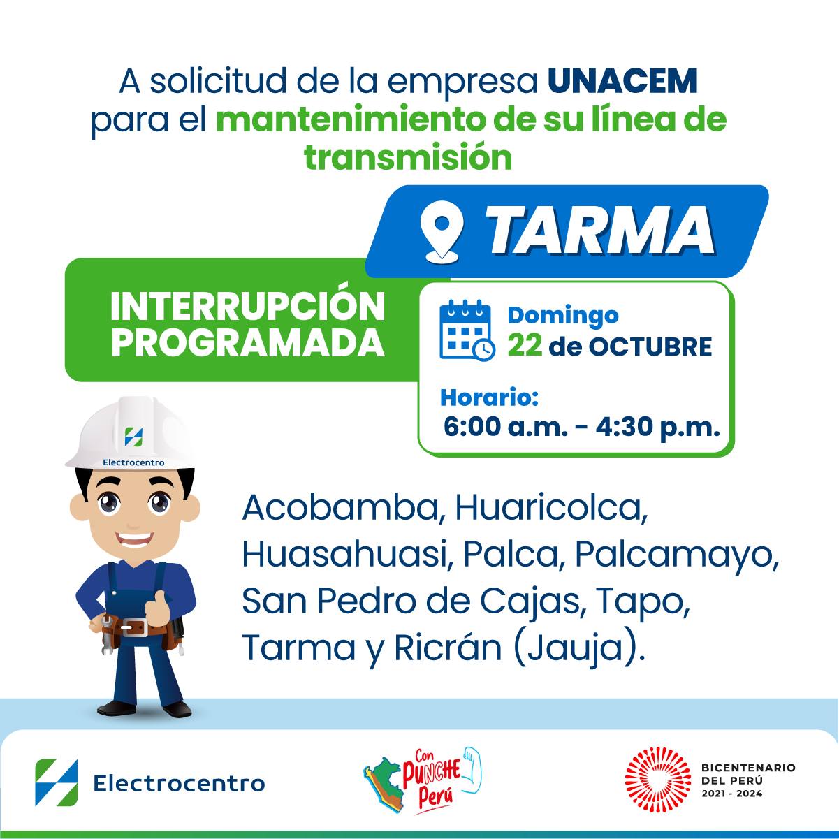 Electrocentro programa un corte de energía en Tarma a solicitud de la empresa UNACEM