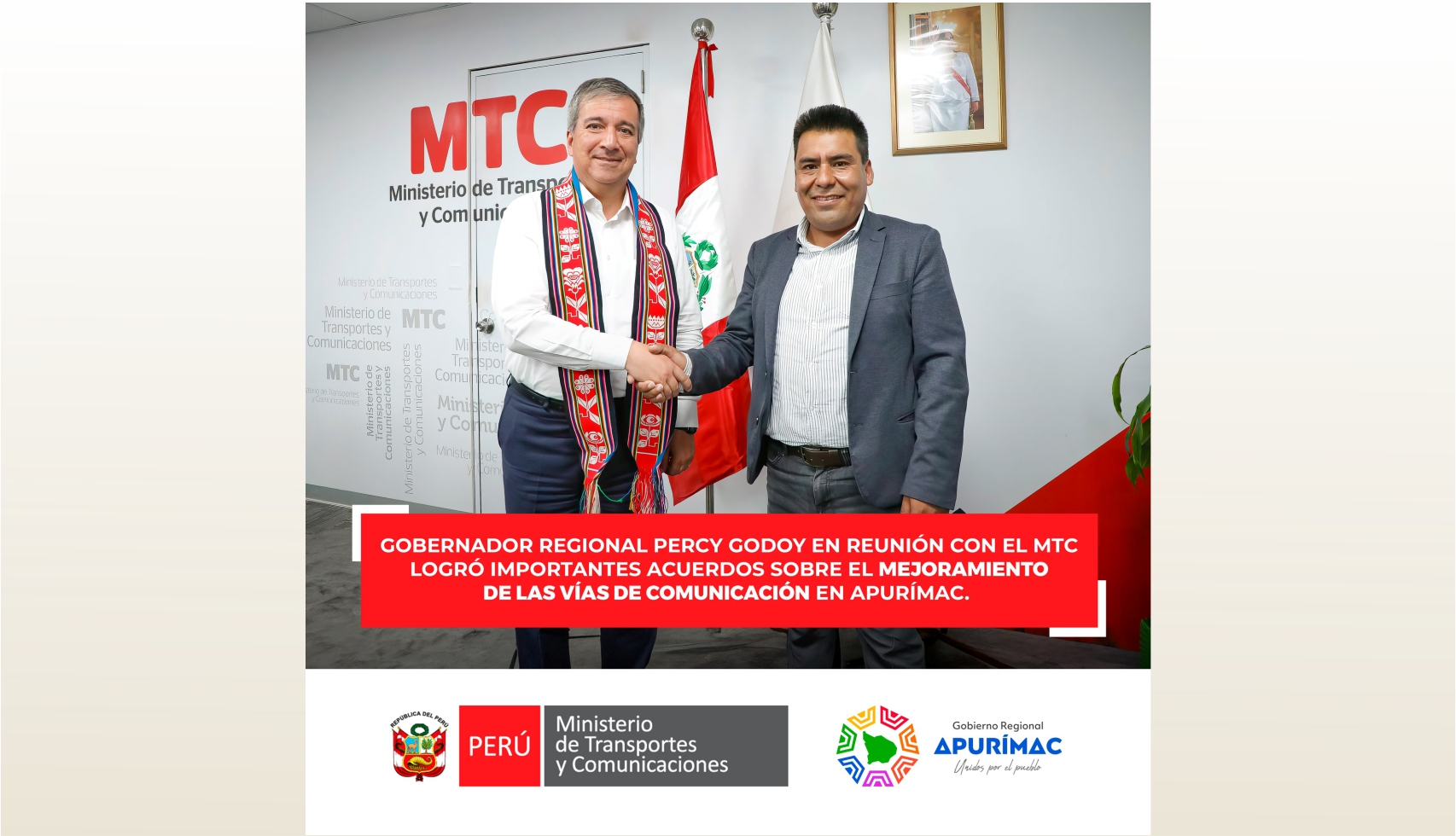 Gobernador Regional Percy Godoy en reunión con el Ministro de Transportes logró importantes acuerdos sobre el mejoramiento de las vías de comunicación en Apurímac