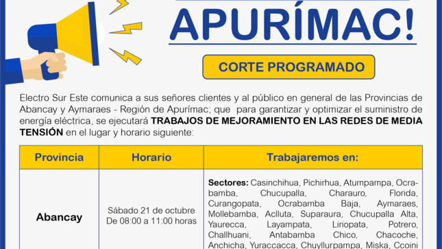 ¡ATENCIÓN APURÍMAC! CORTE PROGRAMADO