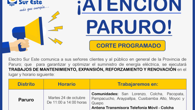 ¡ATENCIÓN PARURO! CORTE PROGRAMADO
