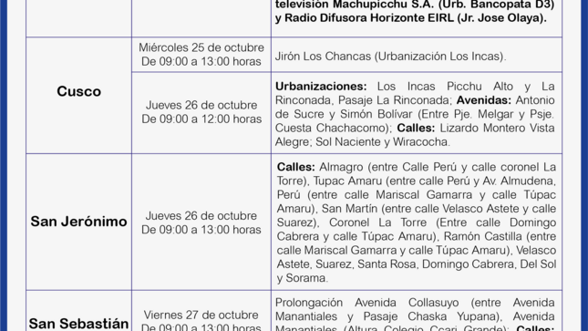 ¡ATENCIÓN CUSCO! CORTE PROGRAMADO

