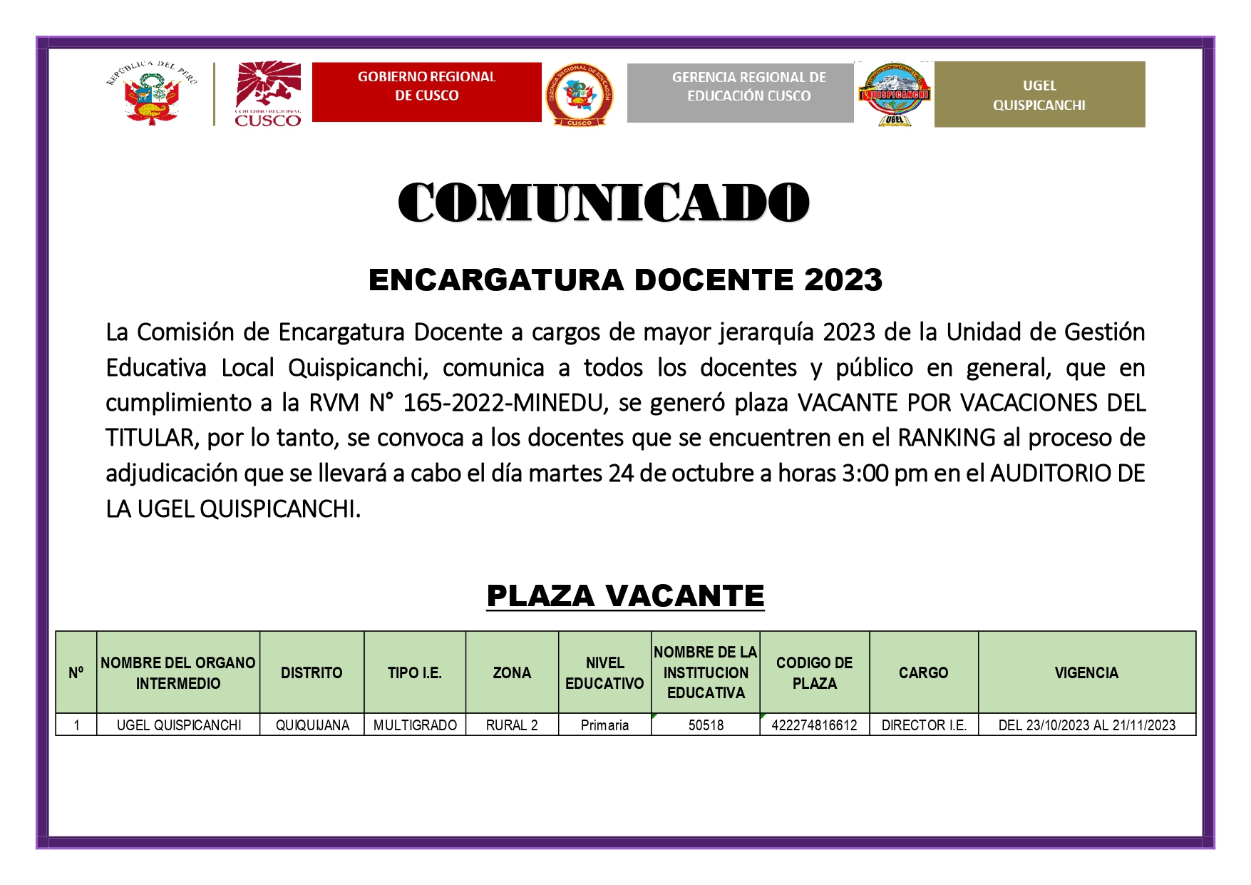 comunicado encargatura de direccion