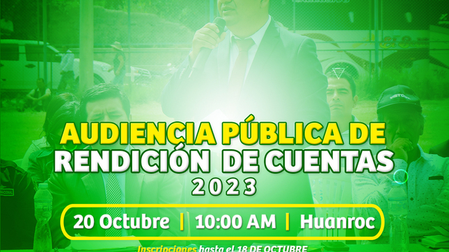 📌🙋#Recuerda #AudienciaPública | Como parte del principio de transparencia este viernes 20 de octubre la Municipalidad Distrital de Macate realizara la Audiencia Pública de Rendición de Cuentas 2023.