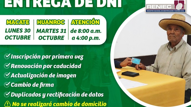 No te pierdas esta gran oportunidad y participa de la campaña gratuita de trámite y entrega de DNI organizada por la Municipalidad Distrital de Macate