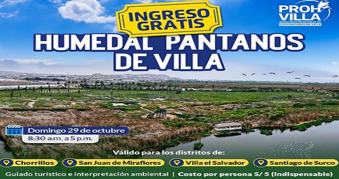 ¡Atención #Pantaneros de Chorrillos, San Juan de Miraflores, Villa el Salvador y Surco!
Costo de entrada: ¡NGRESO LIBRE! 👨👩👧👦debido a pertenecer a la Zona de Reglamentación Especial del #HumedalPantanosDeVilla.