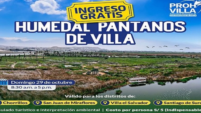 ¡Atención #Pantaneros de Chorrillos, San Juan de Miraflores, Villa el Salvador y Surco! 
 Costo de entrada: ¡NGRESO LIBRE! 👨‍👩‍👧‍👦debido a pertenecer a la Zona de Reglamentación Especial del #HumedalPantanosDeVilla.