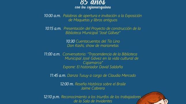 Invitamos a todos los cajamarquinos a participar de la ceremonia por el octogésimo quinto aniversario de la biblioteca José Gálvez. Te esperamos en el Centro Cultural Miguel Espinach desde las 10:00 a. m.