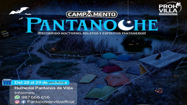 CAMPAMENTO PANTANOCHE 2023
¿Estás listos para un fin de semana de lo más terrorífico? Apúntate ya y RESERVA tu cupo 
Es una opción SEGURA, DIVERTIDA y CONFIABLE, para que los niños y grandes puedan vivir una experiencia inolvidable fuera de casa conectando con la naturaleza de día y noche, a través del humedal Pantanos de Villa.