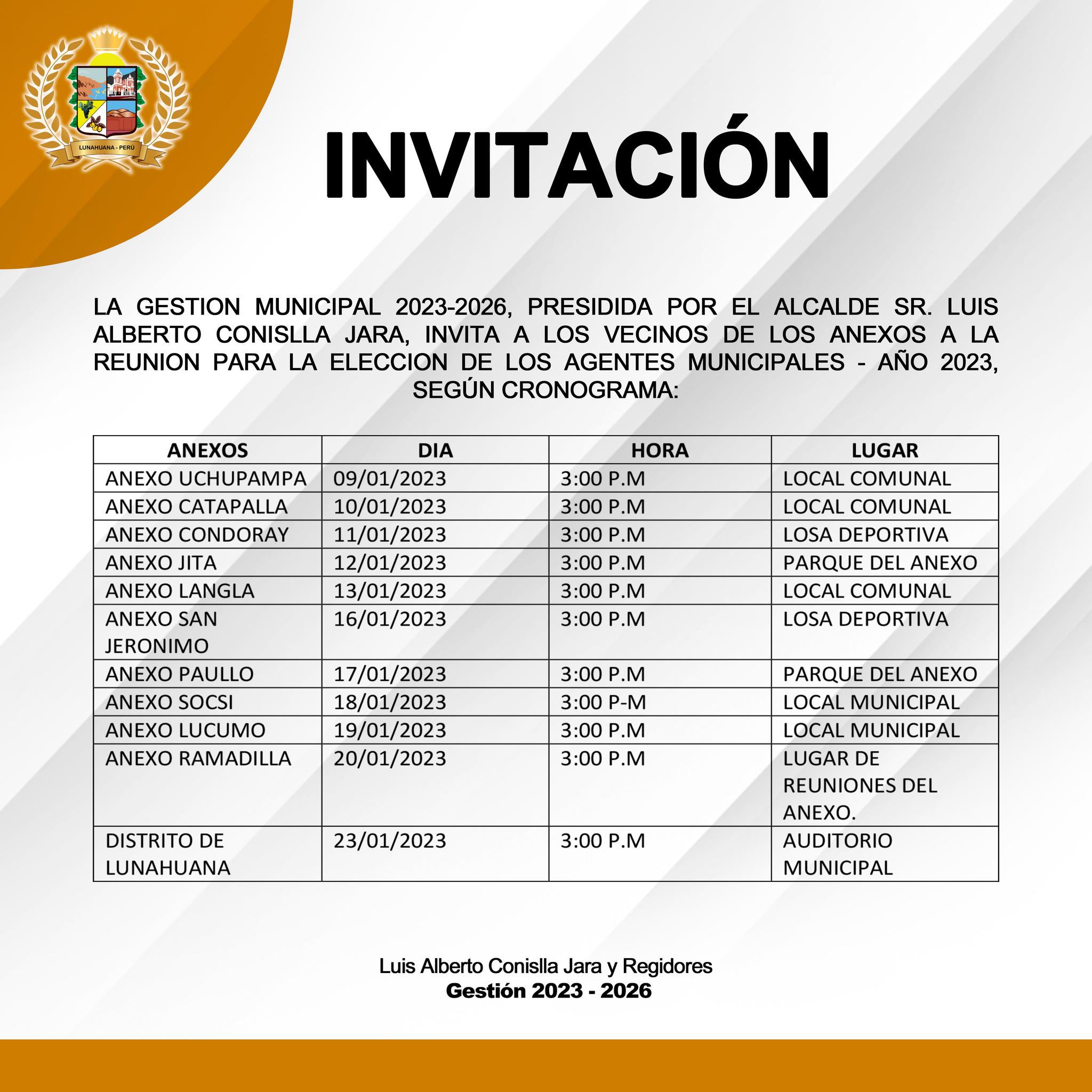 LA GESTION MUNICIPAL 2023-2026, PRESIDIDA POR EL ALCALDE SR. LUIS ALBERTO CONISLLA JARA, INVITA A LOS VECINOS DE LOS ANEXOS A LA REUNION PARA LA ELECCION DE LOS AGENTES MUNICIPALES - AÑO 2023, SEGÚN CRONOGRAMA:
👉 LUNES 09 DE ENERO 2023
🟠 ANEXO UCHUPAMPA
🟠 HORA 3:00 P.M.
🟠 LUGAR: LOCAL COMUNAL
👉 MARTES 10 DE ENERO 2023
🟠 ANEXO CATAPALLA
🟠 HORA 3:00 P.M
🟠 LUGAR: LOCAL COMUNAL
👉 MIERCOLES 11 DE ENERO 2023
🟠 ANEXO DE CONDORAY
🟠 HORA: 3:00 P.M.
🟠 LUGAR: LOSA DEPORTIVA
👉 JUEVES 12 DE ENERO 2023
🟠 ANEXO DE JITA
🟠 HORA: 3:00 P.M.
🟠 LUGAR: PARQUE DEL ANEXO
👉 VIERNES 13 DE ENERO 2023
🟠 ANEXO DE LANGLA
🟠 HORA: 3:00 P.M.
🟠 LUGAR: LOCAL COMUNAL
👉 LUNES 16 DE ENERO 2023
🟠 ANEXO DE SAN JERONIMO
🟠 HORA: 3:00 P.M.
🟠 LUGAR: LOSA DEPORTIVA
👉 MARTES 17 DE ENERO 2023
🟠 ANEXO DE PAULLO
🟠 HORA: 3:00 P.M.
🟠 LUGAR: PARQUE DEL ANEXO
👉 MIERCOLES 18 DE ENERO 2023
🟠 ANEXO DE SOCSI
🟠 HORA: 3:00 P.M.
🟠 LUGAR: LOCAL COMUNAL
👉 JUEVES 19 DE ENERO 2023
🟠 ANEXO LUCUMO
🟠 HORA: 3:00 P.M.
🟠 LUGAR: LOCAL COMUNAL
👉 VIERNES 20 DE ENERO 2023
🟠 ANEXO DE RAMADILLA
🟠 HORA: 3:00 P.M.
🟠 LUGAR DE REUNIONES DEL ANEXO
👉 LUNES 23 DE ENERO 2023
🟠 CERCADO DE LUNAHUANA
🟠 HORA: 3:00 P.M.
🟠 LUGAR: AUDITORIO MUNICIPAL
VEN Y PARTICIPA A LA REUNION PARA LA ELECCION DE LOS AGENTES MUNICIPALES 2023.
