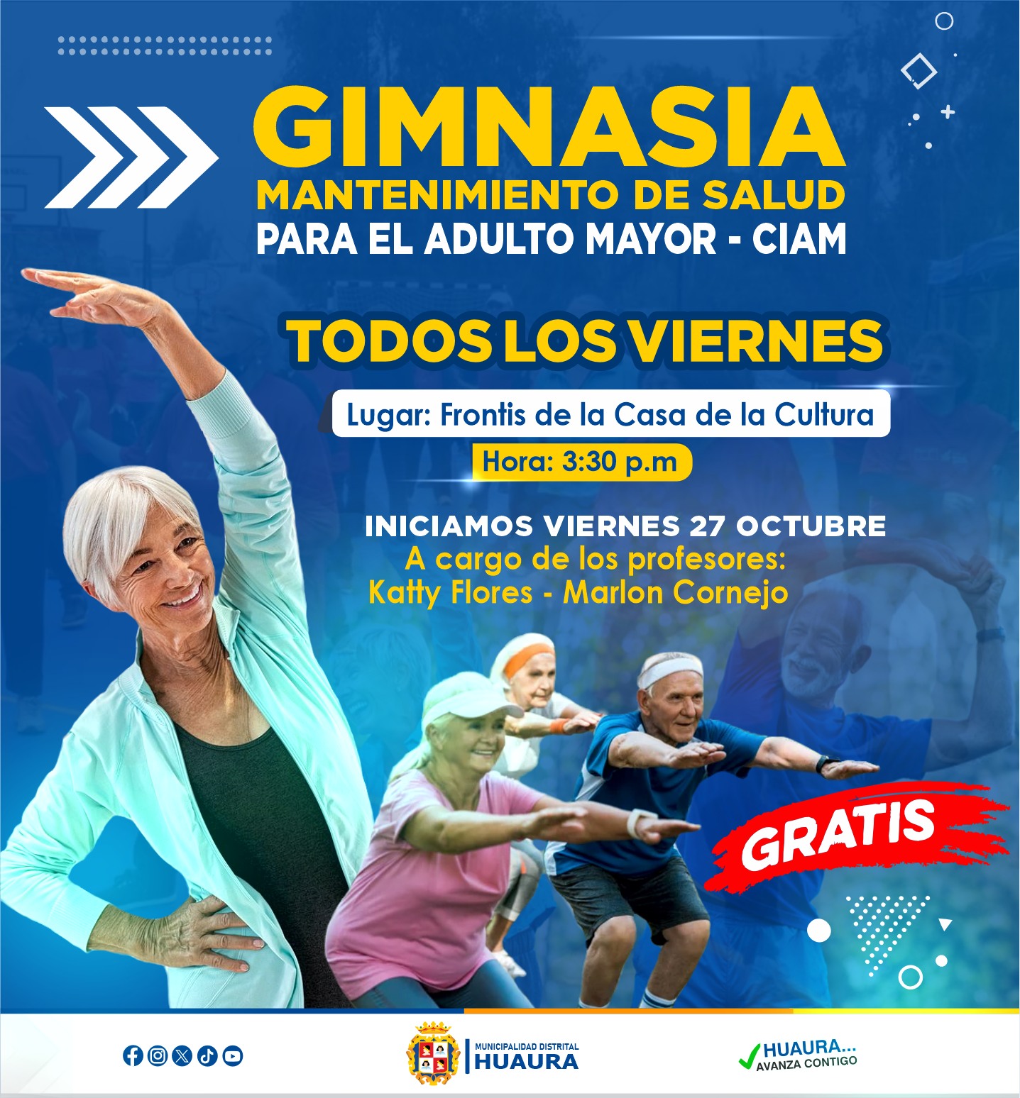 LA MUNICIPALIDAD DISTRITAL DE HUAURA INVITA A NUESTROS ADULTOS MAYORES PARTICIPAR DE LAS SESIONES DE GIMNASIA MANTENIMIENTO PARA LA SALUD