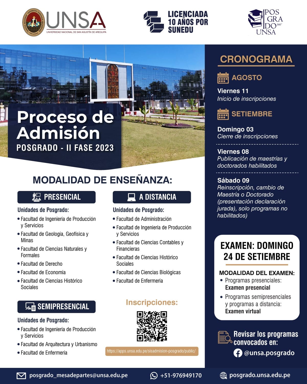 La Universidad Nacional de San Agustín - UNSA den Arequipa invita a participar de la convocatoria a diferentes programas de maerstrias y doctorados, mediante la modalidad a DISTANCIA.
Las inscripciones serán:
Del viernes 11 de agosto hasta el domingo 03 de septiembre
Examen de Admisión virtual y presencial : 24 de septiembre
𝐑𝐞𝐪𝐮𝐢𝐬𝐢𝐭𝐨𝐬:
http://posgrado.unsa.edu.pe/requisitos-e-inversion/
Inscripciones por SISADMISIÓN: https://apps.unsa.edu.pe/sisadmision-posgrado/public/
Programas convocados: https://www.facebook.com/unsa.posgrado