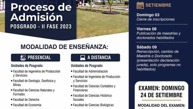 La Universidad Nacional de San Agustín - UNSA den Arequipa invita a participar de la convocatoria a diferentes programas de maerstrias y doctorados, mediante la modalidad a DISTANCIA.
Las inscripciones serán:
 Del viernes 11 de agosto hasta el domingo 03 de septiembre
 Examen de Admisión virtual y presencial : 24 de septiembre
𝐑𝐞𝐪𝐮𝐢𝐬𝐢𝐭𝐨𝐬:
 http://posgrado.unsa.edu.pe/requisitos-e-inversion/
 Inscripciones por SISADMISIÓN: https://apps.unsa.edu.pe/sisadmision-posgrado/public/
 Programas convocados: https://www.facebook.com/unsa.posgrado
