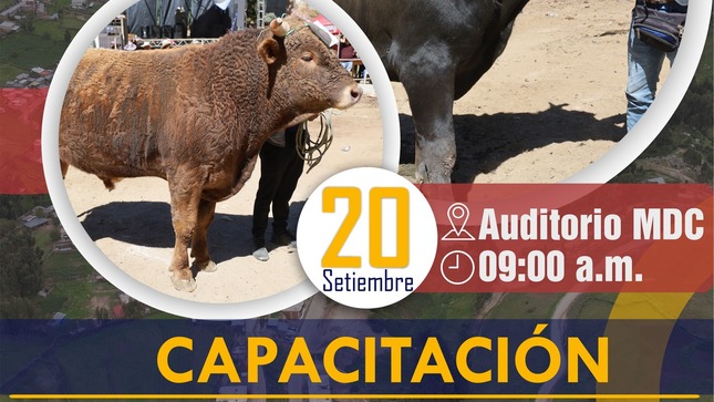 La Municipalidad Distrital de Colquemarca se complace en invitarlos a nuestra Capacitación en Ganado de Engorde - Formulación de Raciones, un evento imperdible para todos los interesados en la cría de ganado.
Este evento contará con la participación de expertos en el campo ganadero que compartirán valiosos conocimientos y técnicas actualizadas para mejorar la productividad de su ganado de engorde.
 Fecha: 20 de septiembre
 Hora: A partir de las 9 am
 Lugar: Auditorio de la Municipalidad Distrital de Colquemarca
¡Colquemarca, un nuevo comienzo con oportunidades para todos!
Prof. Santos Oviedo Ataucuri - Alcalde
Gestión 2023 - 2026






