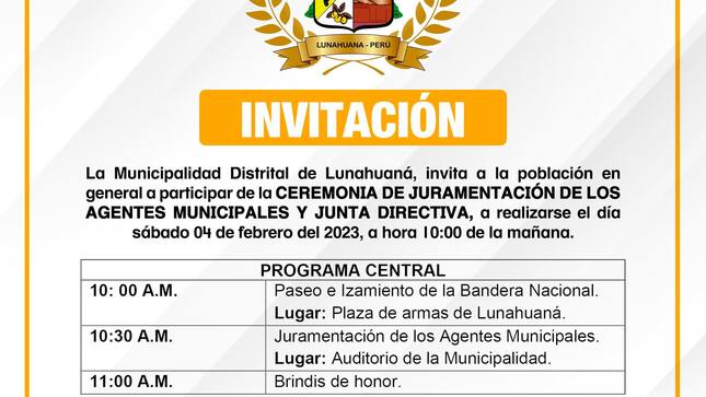 🟠Invitación al público en general a la Ceremonia de Juramentación de Agentes Municipales y Junta Directiva🟠