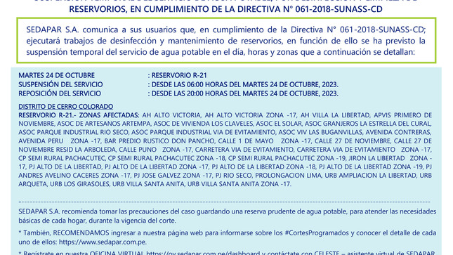 SUSPENSIÓN TEMPORAL DEL SERVICIO DE AGUA POTABLE, POR DESINFECCIÓN Y LIMPIEZA DE RESERVORIOS, EN CUMPLIMIENTO DE LA DIRECTIVA N° 061-2018-SUNASS-CD