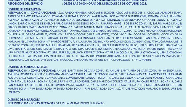 SUSPENSIÓN TEMPORAL DEL SERVICIO DE AGUA POTABLE, POR DESINFECCIÓN Y LIMPIEZA DE RESERVORIOS, EN CUMPLIMIENTO DE LA DIRECTIVA N° 061-2018-SUNASS-CD