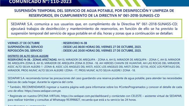 SUSPENSIÓN TEMPORAL DEL SERVICIO DE AGUA POTABLE, POR DESINFECCIÓN Y LIMPIEZA DE RESERVORIOS, EN CUMPLIMIENTO DE LA DIRECTIVA N° 061-2018-SUNASS-CD