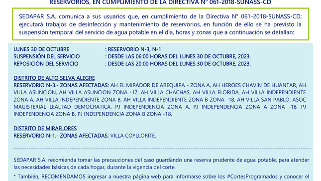 SUSPENSIÓN TEMPORAL DEL SERVICIO DE AGUA POTABLE, POR DESINFECCIÓN Y LIMPIEZA DE RESERVORIOS, EN CUMPLIMIENTO DE LA DIRECTIVA N° 061-2018-SUNASS-CD