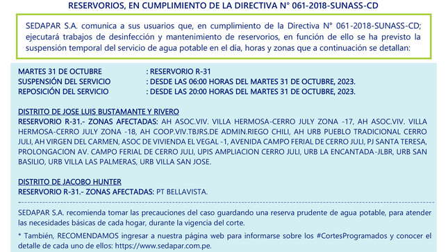 SUSPENSIÓN TEMPORAL DEL SERVICIO DE AGUA POTABLE, POR DESINFECCIÓN Y LIMPIEZA DE RESERVORIOS, EN CUMPLIMIENTO DE LA DIRECTIVA N° 061-2018-SUNASS-CD