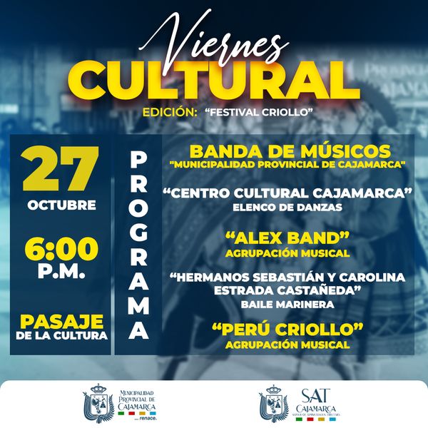Este viernes estaremos con grandes artistas. Ven y disfruta de nuestro Viernes Cultural en su edición: ❞𝗙𝗲𝘀𝘁𝗶𝘃𝗮𝗹 𝗖𝗿𝗶𝗼𝗹𝗹𝗼❞
📍Pasaje De La Cultura
📅 Viernes 27 de octubre
🕧 6:00 p. m.