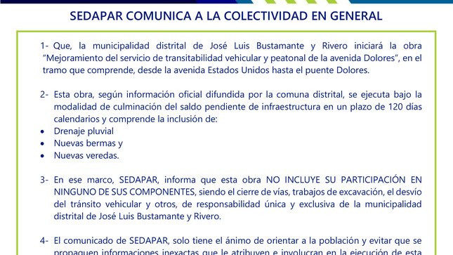 SEDAPAR COMUNICA A LA COLECTIVIDAD EN GENERAL