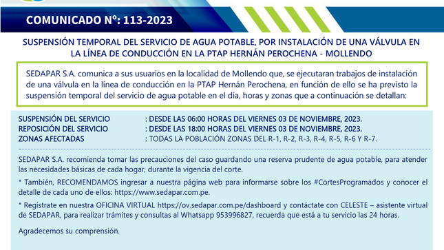 SUSPENSIÓN TEMPORAL DEL SERVICIO DE AGUA POTABLE, POR INSTALACIÓN DE UNA VÁLVULA EN LA LÍNEA DE CONDUCCIÓN EN LA PTAP HERNÁN PEROCHENA - MOLLENDO