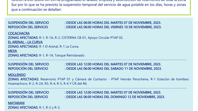 SUSPENSIÓN TEMPORAL DEL SERVICIO DE AGUA POTABLE, SOLICITADA POR LA JUNTA DE USUARIOS DE LA IRRIGACIÓN ENSENADA, MEJÍA - MOLLENDO, CON OFICIO N°219-2023-JUSIEMM/P
