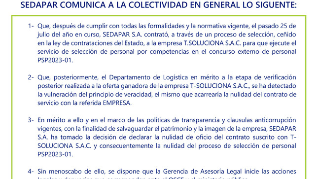 SEDAPAR COMUNICA A LA COLECTIVIDAD EN GENERAL LO SIGUENTE