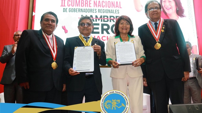El rector de la Universidad Nacional José Faustino Sánchez Carrión, Dr. César Díaz Valladares y el vicerrector Académico, Dr. Javier Hijar Guzmán participaron de la apertura de la II Cumbre Nacional de Gobernadores Regionales “Hambre Cero”. 