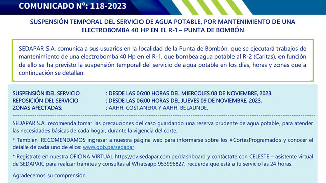 SUSPENSIÓN TEMPORAL DEL SERVICIO DE AGUA POTABLE, POR MANTENIMIENTO DE UNA ELECTROBOMBA 40 HP EN EL R-1 – PUNTA DE BOMBÓN