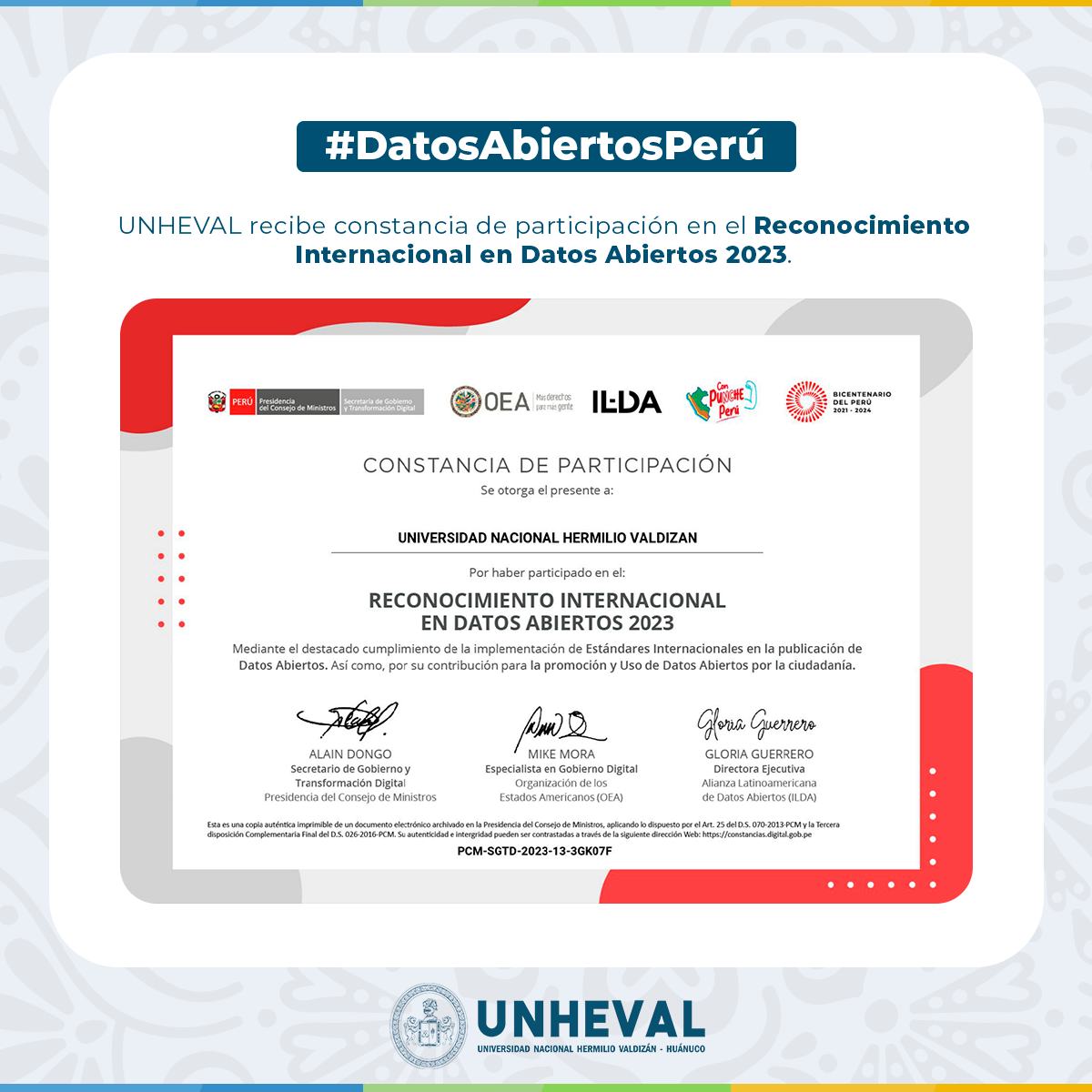 UNHEVAL obtiene constancia de reconocimiento internacional en datos abiertos 2023