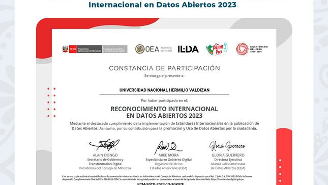 UNHEVAL obtiene constancia de reconocimiento internacional en datos  abiertos 2023