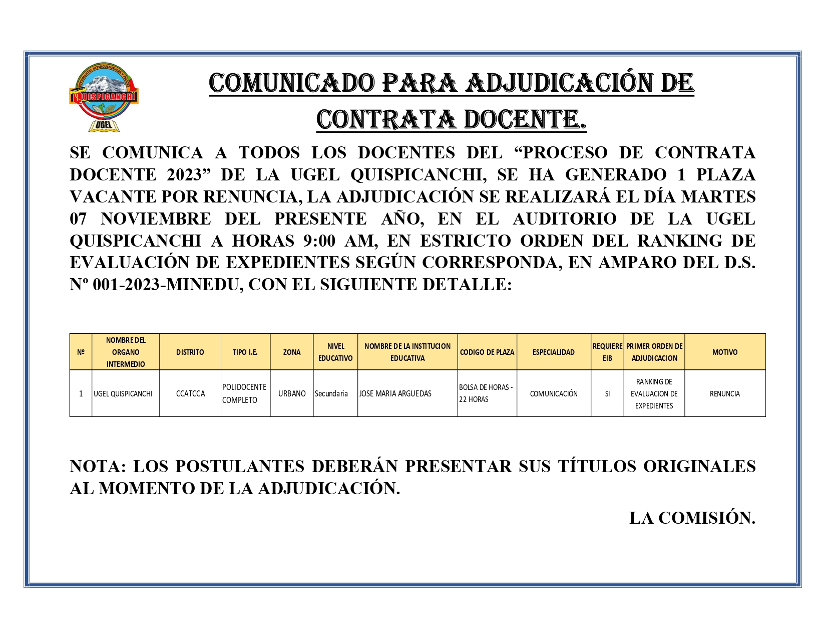 comunicado adjudicacion